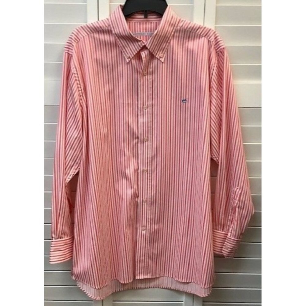 Southern Tide Mens Pink & White Striped‎ Button-Up Shirt With Embroidered Logo